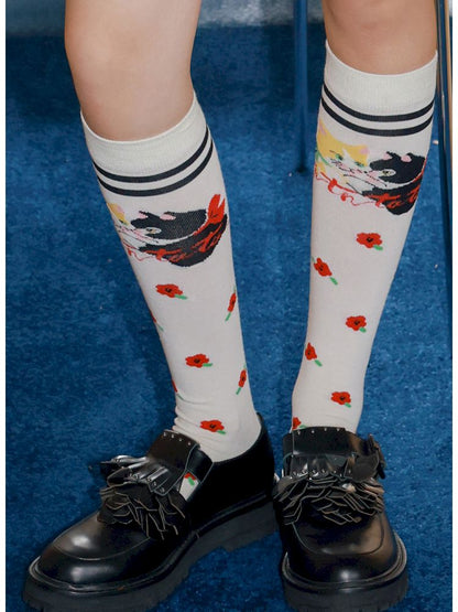 White kitten floral calf socks【s0000013343】
