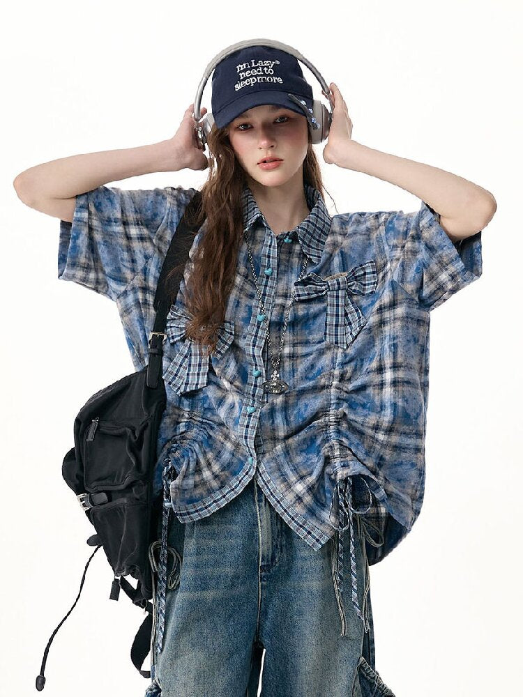 Blue Plaid Bow Preppy Style Shirt【s0000017308】