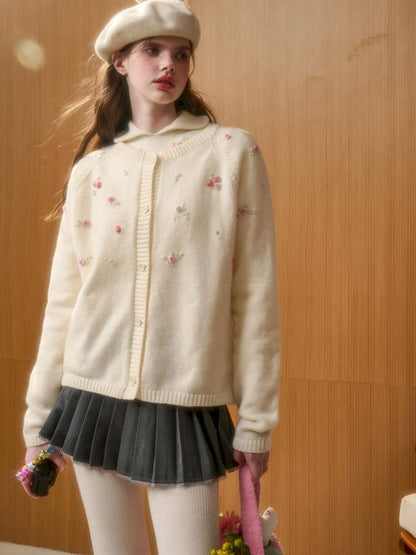 Wool Hand-Embroidered Flower Sweater Cardigan【s0000014891】