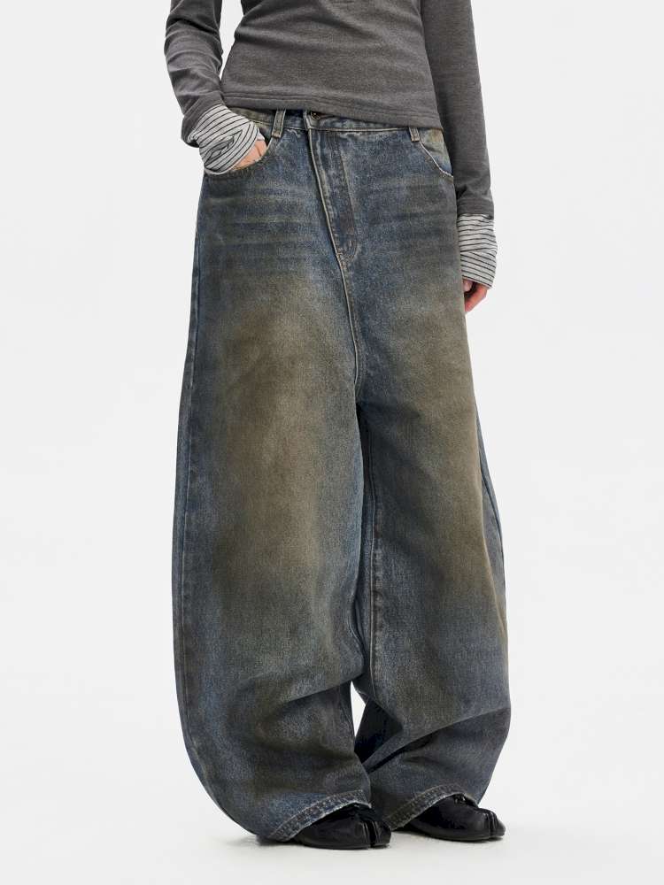 Vintage Yellow Mud Distressed Wide-Leg Jeans【s0000014873】