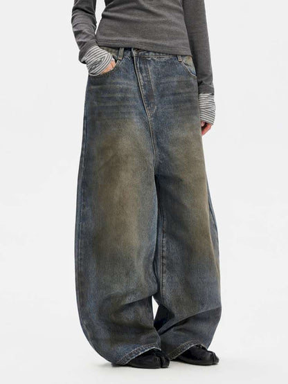 Vintage Yellow Mud Distressed Wide-Leg Jeans【s0000014873】