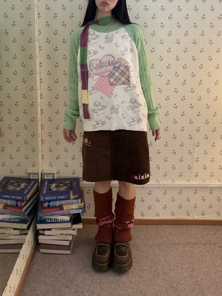 Puppy Floral Print Color Block Sweater【s0000019080】
