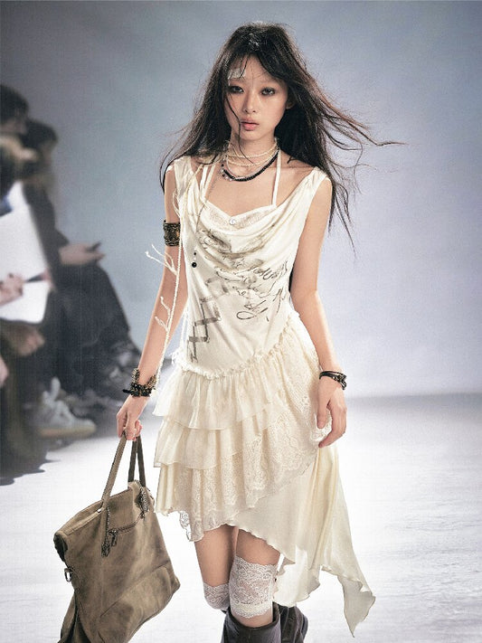 Strap Print Lace Ruffled Dress【s0000016214】