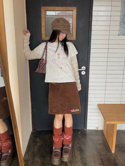 Brown Corduroy Embroidered Skirt【s0000019082】