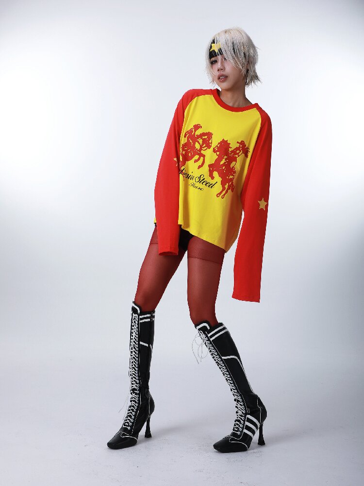 Digital Print Star Raglan T-Shirt【s0000016180】