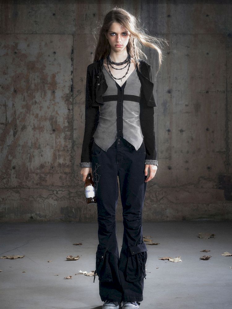 Hooded False Two Black Gray Knit Cardigan【s0000013890】