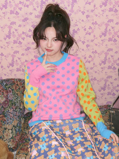 Contrasting Polka Dot Crew Neck Pullover【s0000014827】