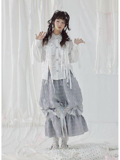 Bow Ribbon Pleated Cute Metal Button Blouse【s0000004650】