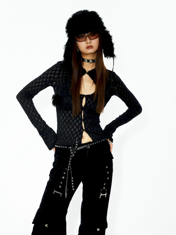 D-ring air eyelets decorated loose thin straight pants【s0000006272】