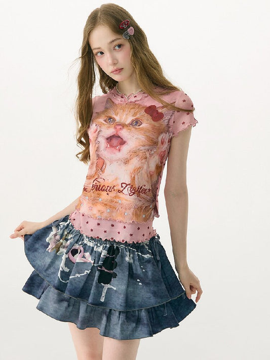 Summer Mesh Cat Print T Shirt【s0000017163】