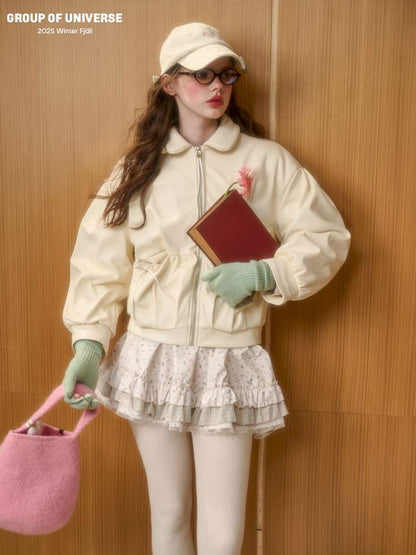 Cream Leather Doll Collar Leather Jacket【s0000014885】
