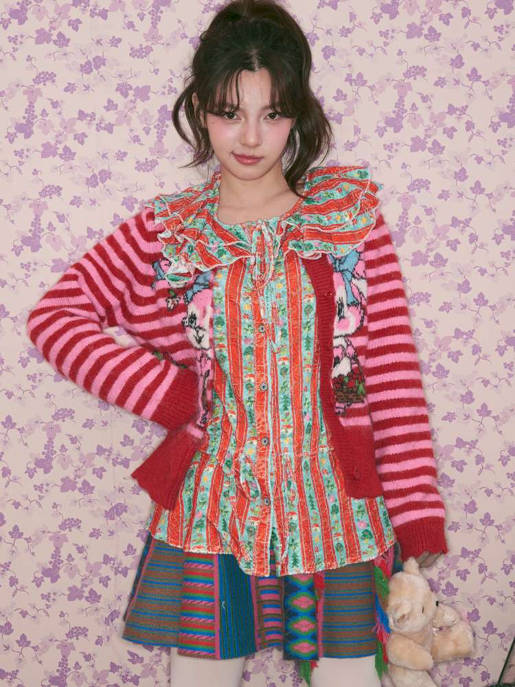 Red Green Stripe Lace Collar Shirt【s0000015368】