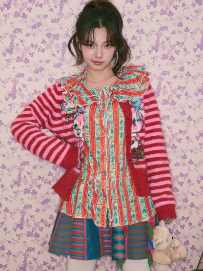 Red Green Stripe Lace Collar Shirt【s0000015368】