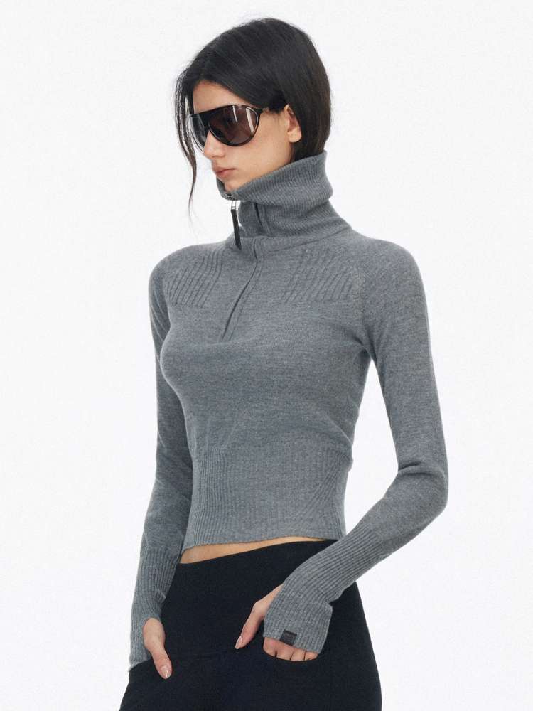 Half-Turtleneck Zip Knit Long-Sleeve T-Shirt【s0000014876】