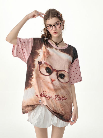Retro Cat Star Cat Print T Shirt【s0000017266】