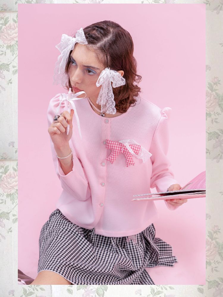 Pink Plaid Cotton Filled Bow Charm【s0000009334】