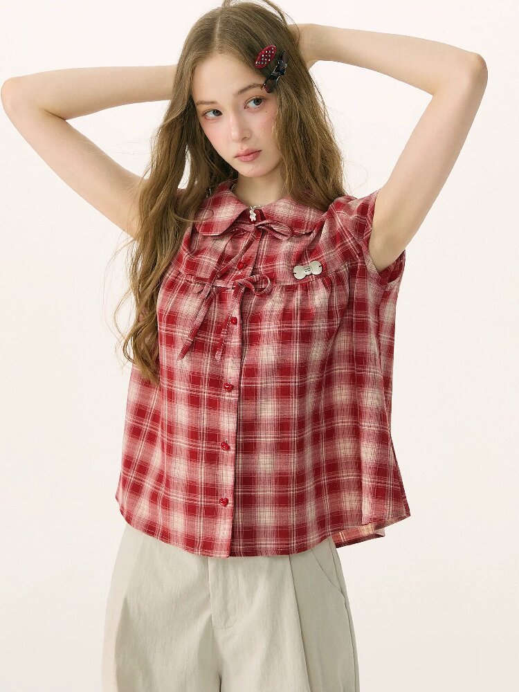 Doll Neck Bow Plaid Preppy Shirt【s0000016850】