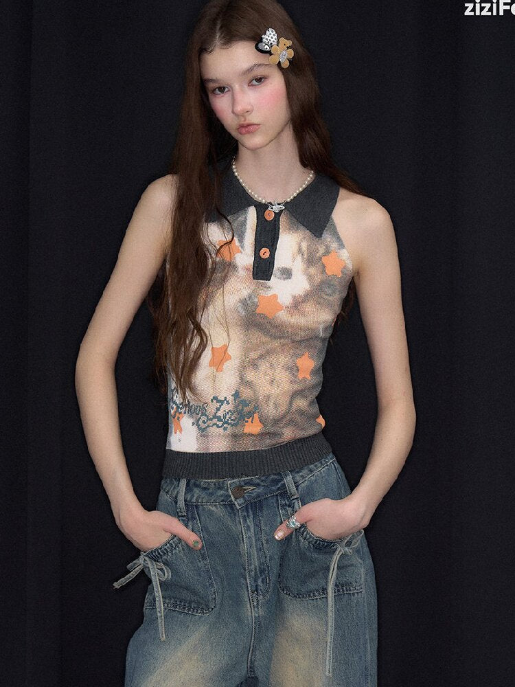 Starfall Cat Print Knitted Vest【s0000016849】