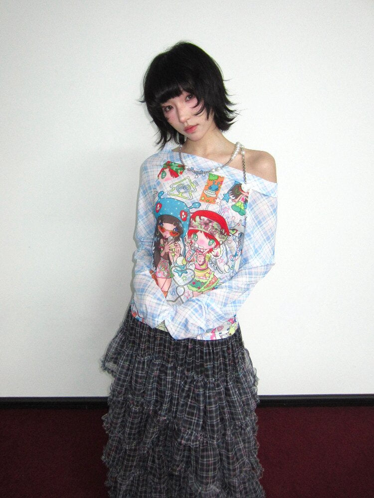 Check Stretch Mesh Long Sleeve Top【s0000018654】