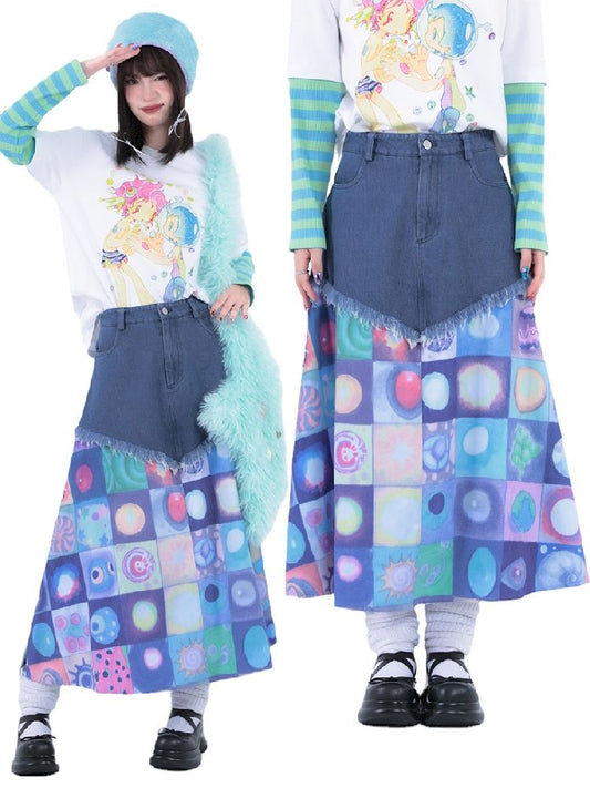 Plaid Patchwork Denim Maxi Skirt【s0000005728】