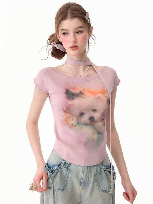Puppy Print Slim Knitted Short T【s0000017671】