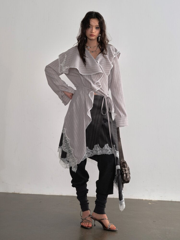 Lace Applique Ruffled Striped Shirt【s0000015700】