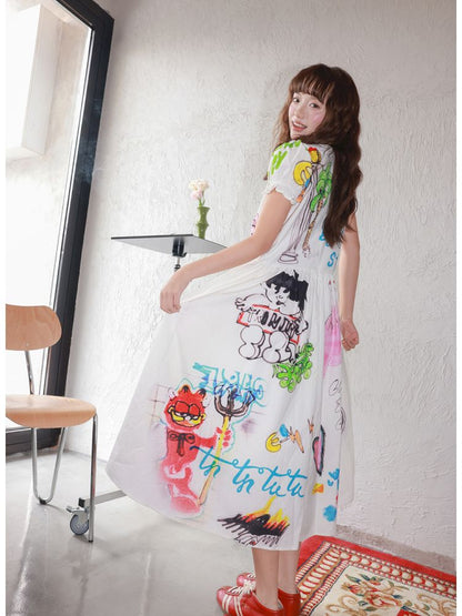 White Graffiti Printed Dress【s0000013336】