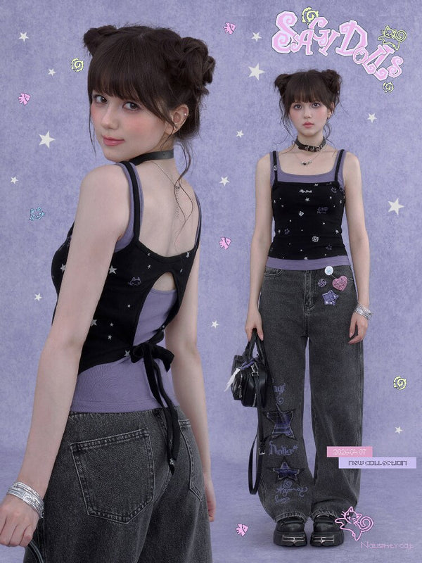 Black Purple Print Hollow Camisole【s0000016648】