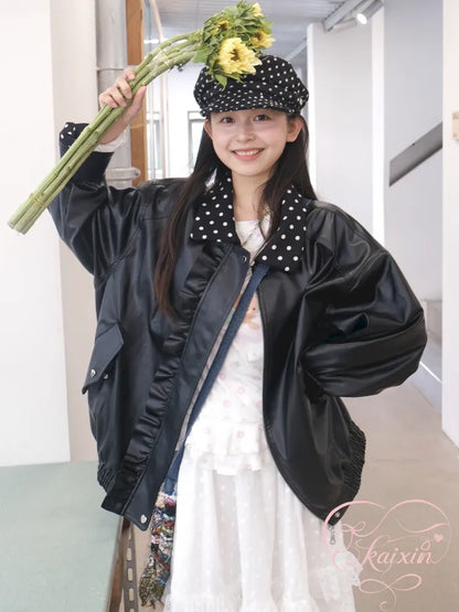 Lace-Trimmed Oversized Leather Jacket【s0000014167】