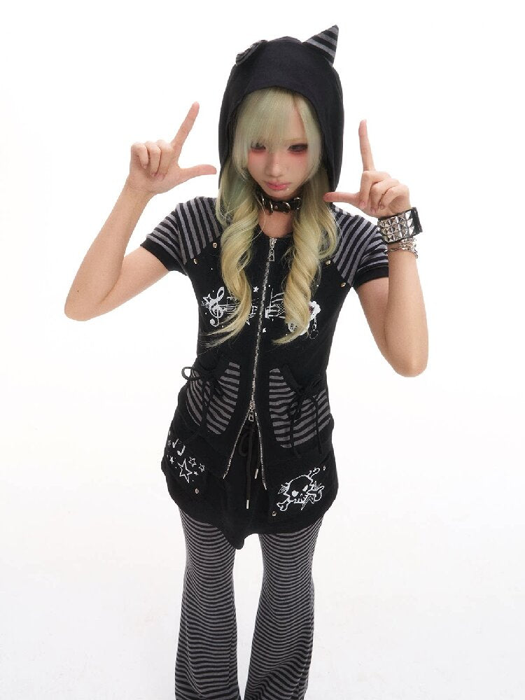 Vintage Striped Cat Ear T-Shirt【s0000016519】