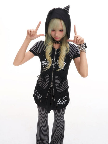 Vintage Striped Cat Ear T-Shirt【s0000016519】