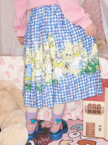 Blue Houndstooth Plaid Lamb Print Skirt【s0000014824】