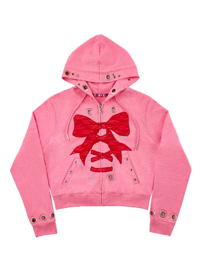 Lace Bow Rivet Distressed Jacket【s0000016495】