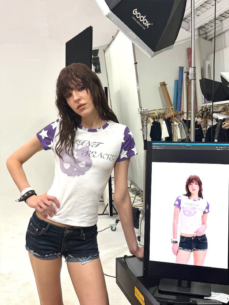Y2K Rhinestone Star Slim T-Shirt【s0000018287】