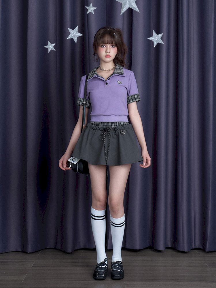 Plaid Patchwork Short Sleeve T-Shirt【s0000012076】