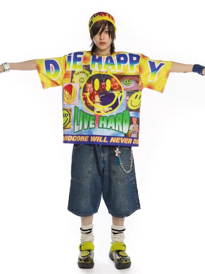 Rave Smiley Face Print T-shirt【s0000015889】