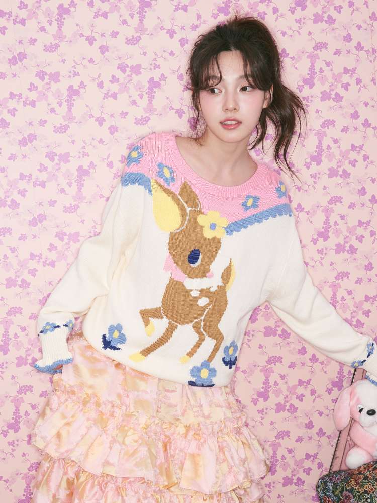 Navy Blue Off-white Fawn Sweater【s0000015025】