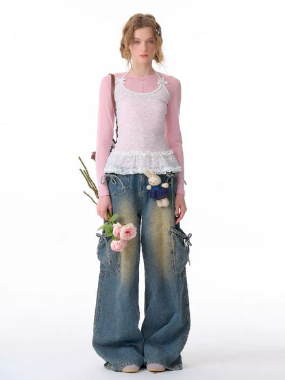 Bowknot High Waist workwear Denim Pants【s0000011675】