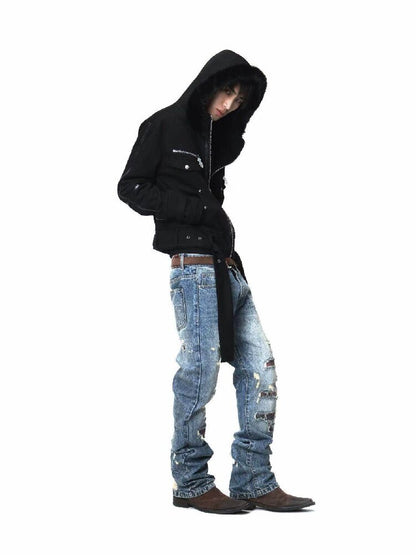Washed Plaid Ripped Bootcut Jeans【s0000018224】