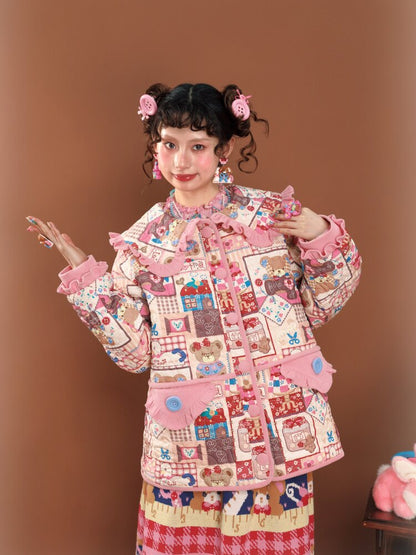 Pink Patchwork Printed Quilted Jacket【s0000015586】