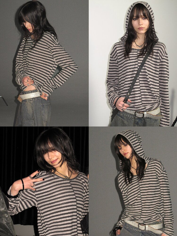 Striped Hooded Punk Long T Shirt【s0000016242】