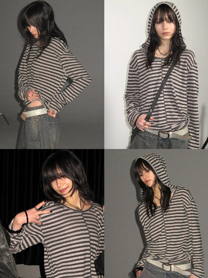 Striped Hooded Punk Long T Shirt【s0000016242】