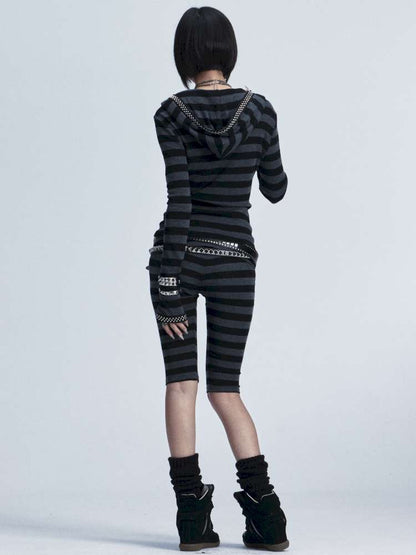 Black Gray Striped Stud Top Set【s0000014667】