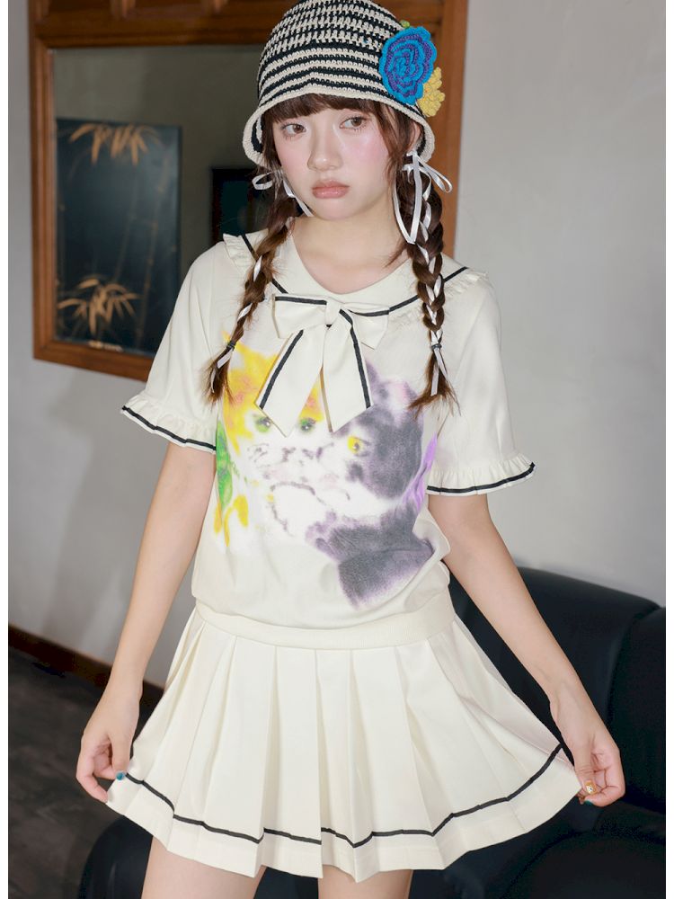 Kitten Printed Navy Neck Short Sleeve Half Dress【s0000013339】