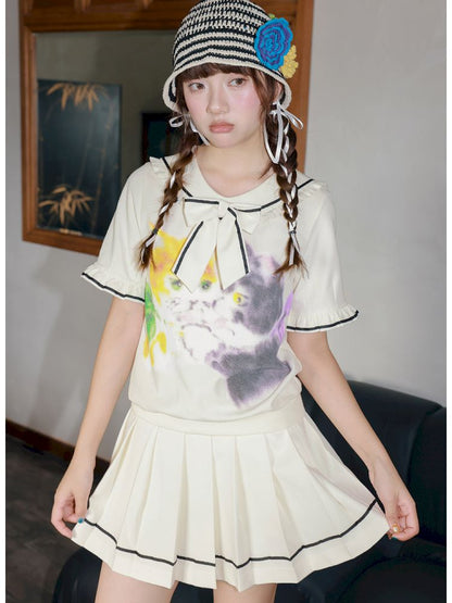 Kitten Printed Navy Neck Short Sleeve Half Dress【s0000013339】