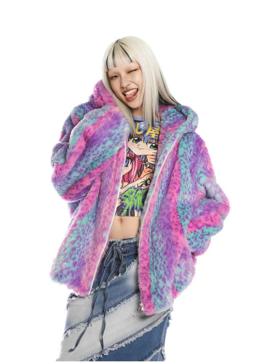 Colorful Leopard Print Plush Fur Hooded Jacket【s0000014908】