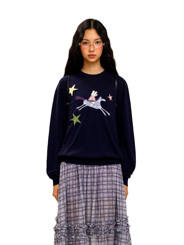 Horse Rabbit Lace Crew Neck Sweater【s0000016072】