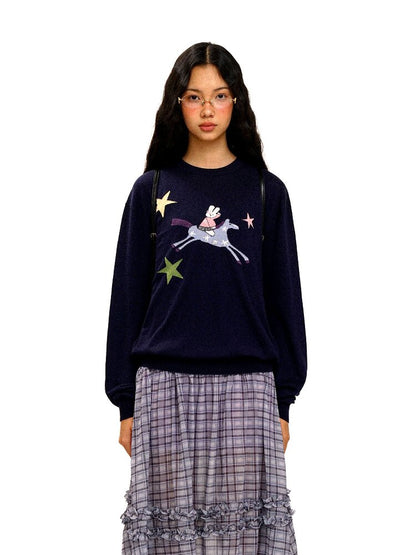 Horse Rabbit Lace Crew Neck Sweater【s0000016072】