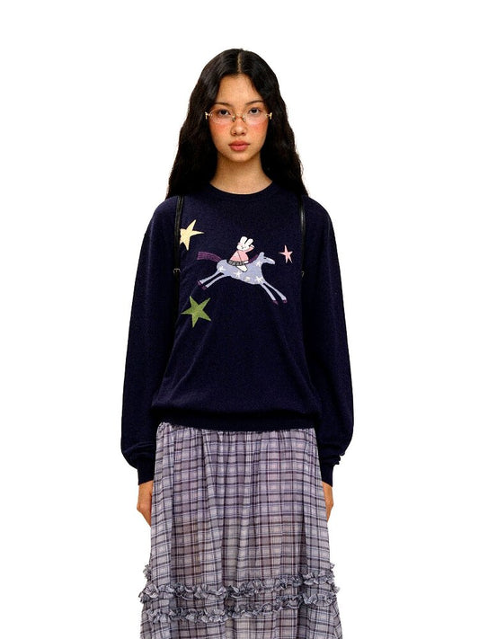 Horse Rabbit Lace Crew Neck Sweater【s0000016072】