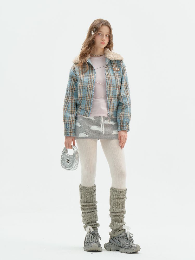 모피 칼라 슬림 블루 격자 무늬 짧은 코트 [S0000011507]